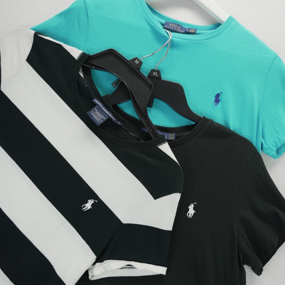 Polo Ralph Lauren Lot of 3 T-Shirts Teal Black Striped Cotton Crew Neck L XL